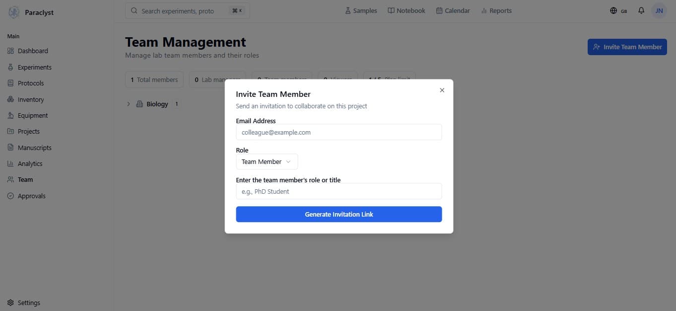 Invite Team Member dialog showing email address field, role selector, and Generate Invitation Link button